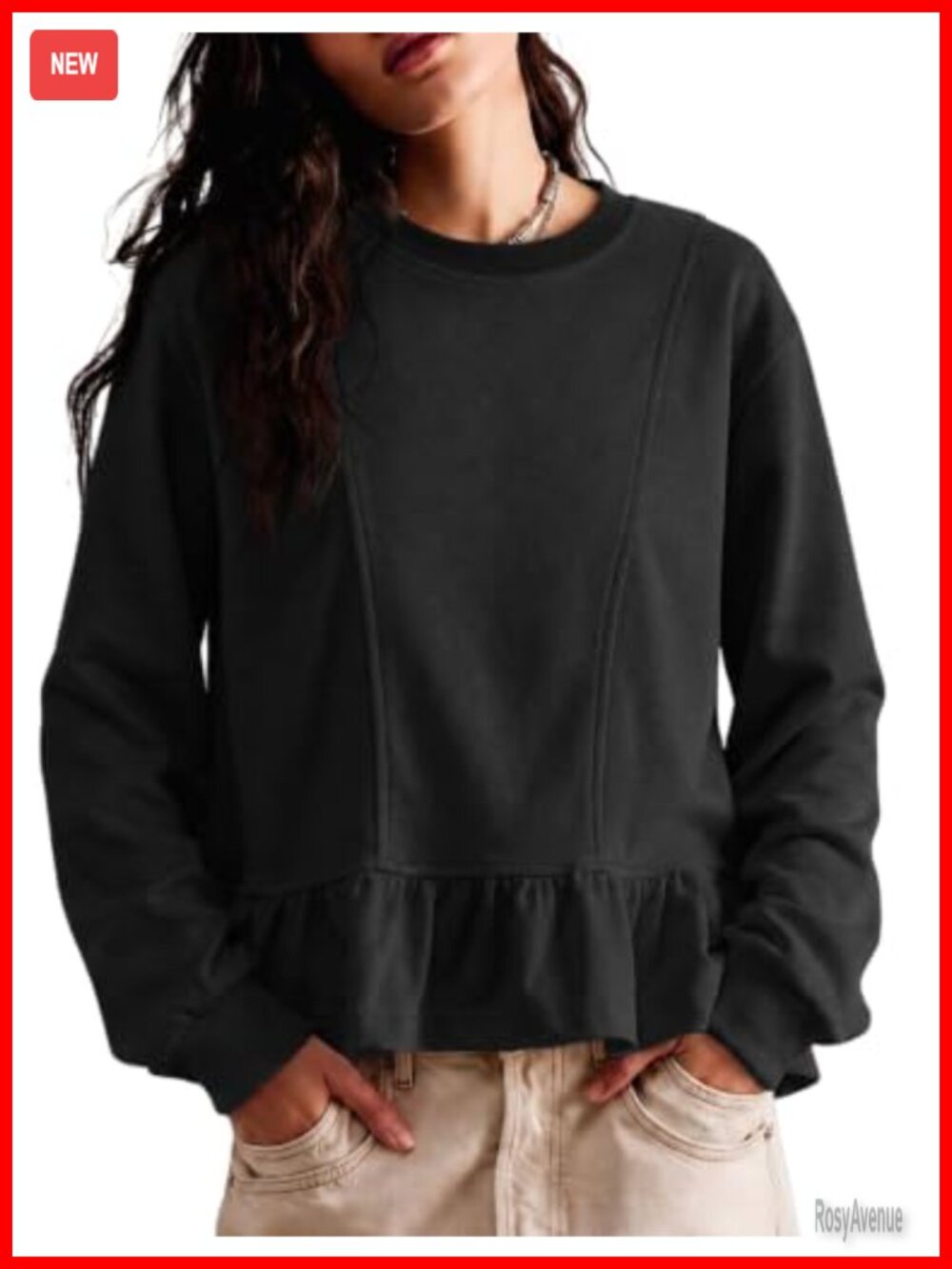 Ruffle Peplum Hem Cotton Pullover Sweatshirt